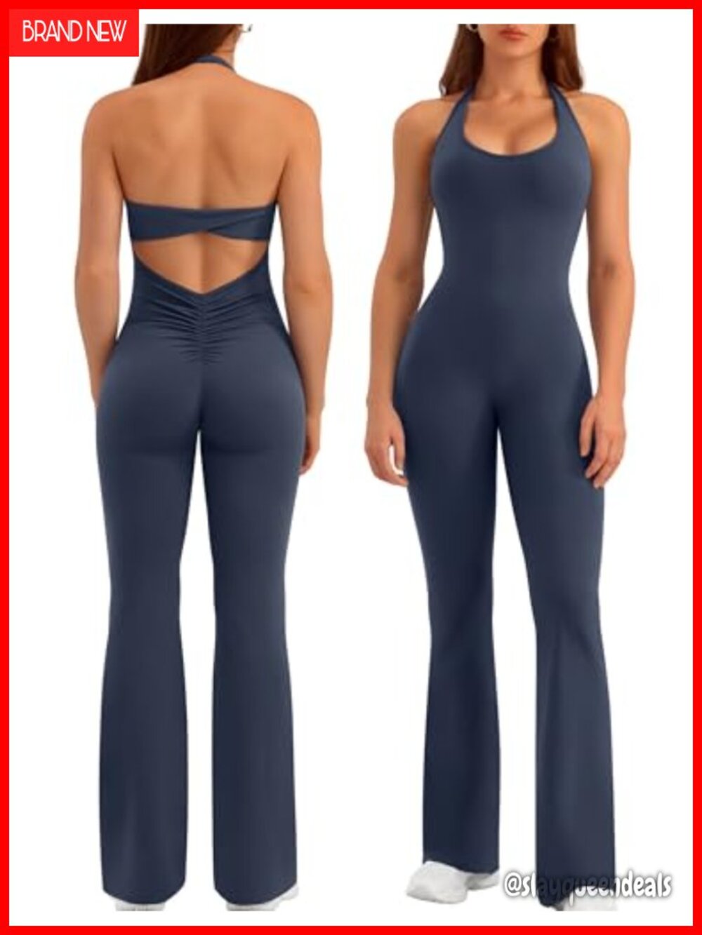 Women's Flare Jumpsuit Halter Backless Butt Scrunch Workout Romper Stretch
